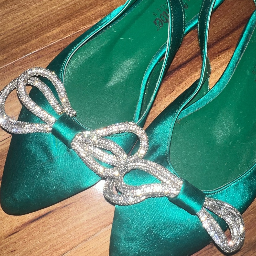 Stunning Green Sparkle Bow Slip Ons